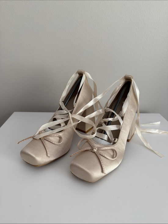Cider Shoes - Cider Ballet Satin Bow Mary Jane Heels - Cream